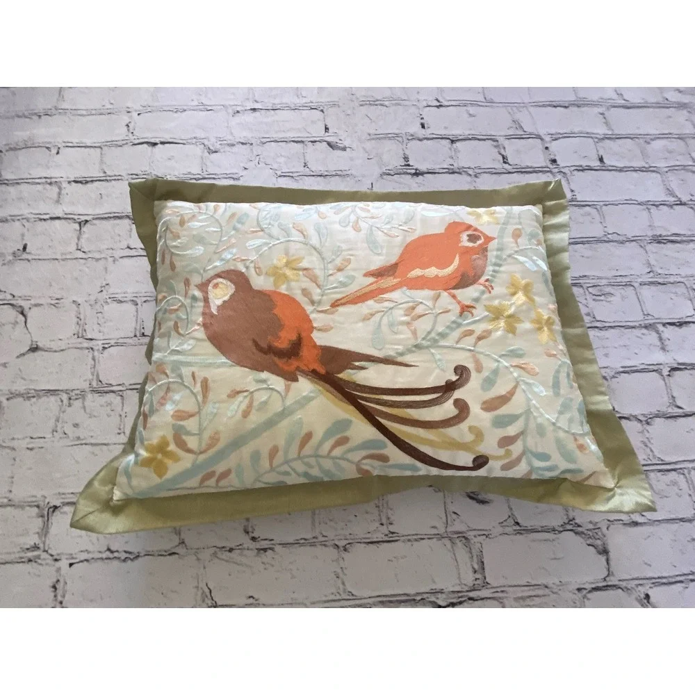 Vintage Blizzard Plush Decorative Bird Pillow Silk Satin Trim Zipper w‎ Insert